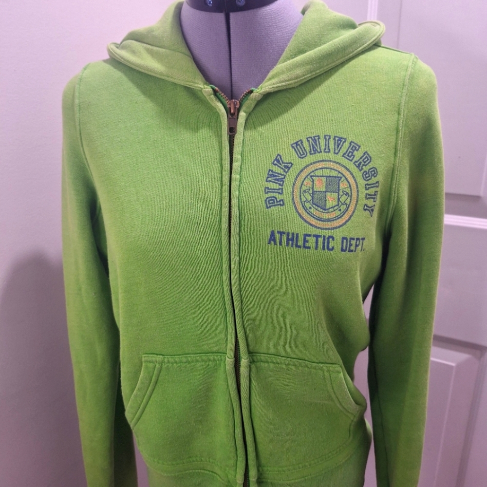 Pink Univ Green Zipper Front Sweatshirt. Size Small